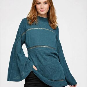 Free People Sunday Funday Bell Sleeve Boho Mock Neck Turquoise Tunic Small